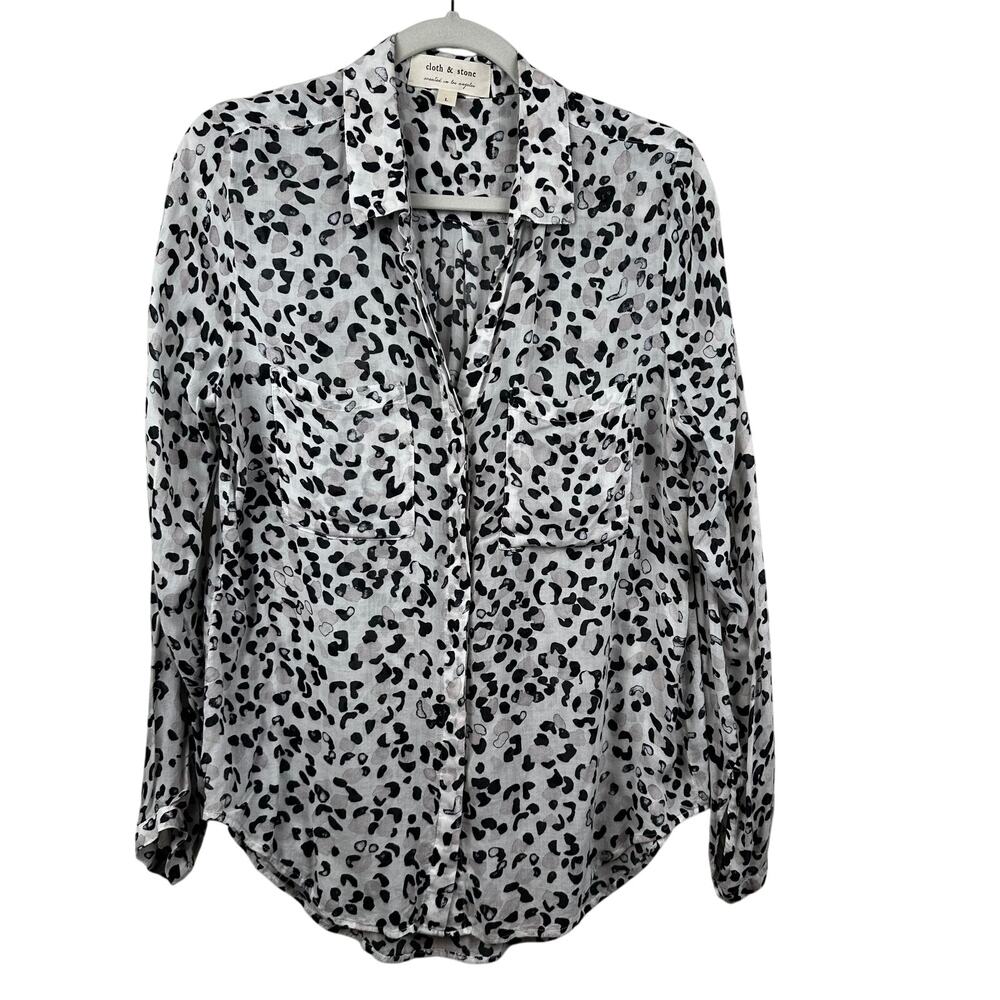 Cloth & Stone Blouse Top Button Up Pockets Leopard Print White Black Women's Lg